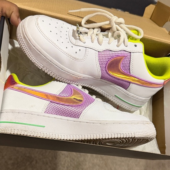 Nike Kids White Sneakers with Iridescent Pink Swoosh and Neon Lime Lining - Picture 5 of 5